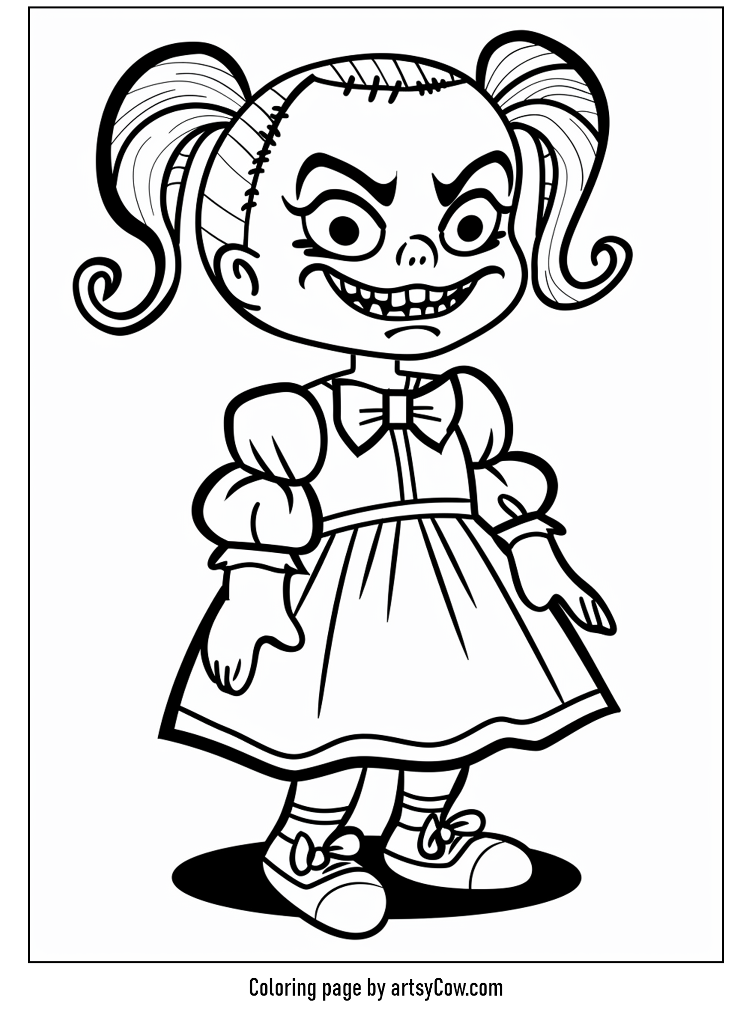 scary halloween coloring pages featuring a sinister haunted doll with big eyes and a creepy smile, dressed in a traditional puffy-sleeved dress.